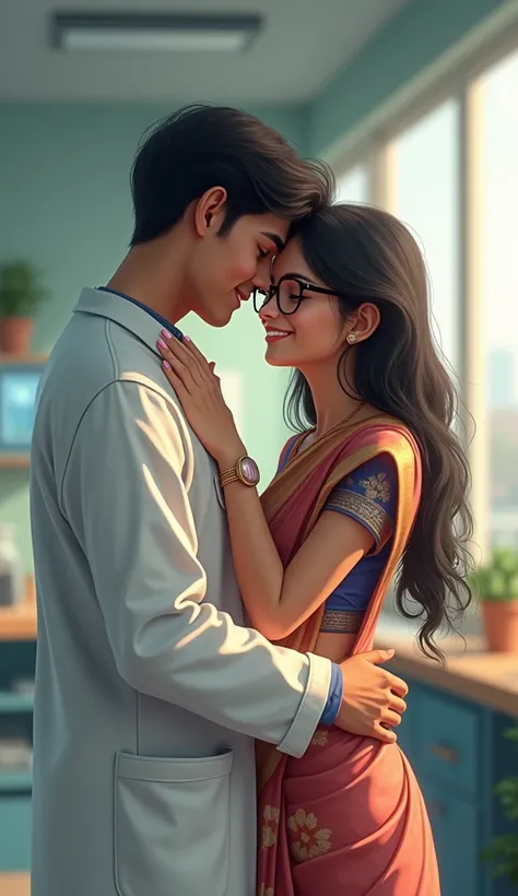 A girl wearing lab coat, glass and saree who has indian face is hugging her boyfriend 