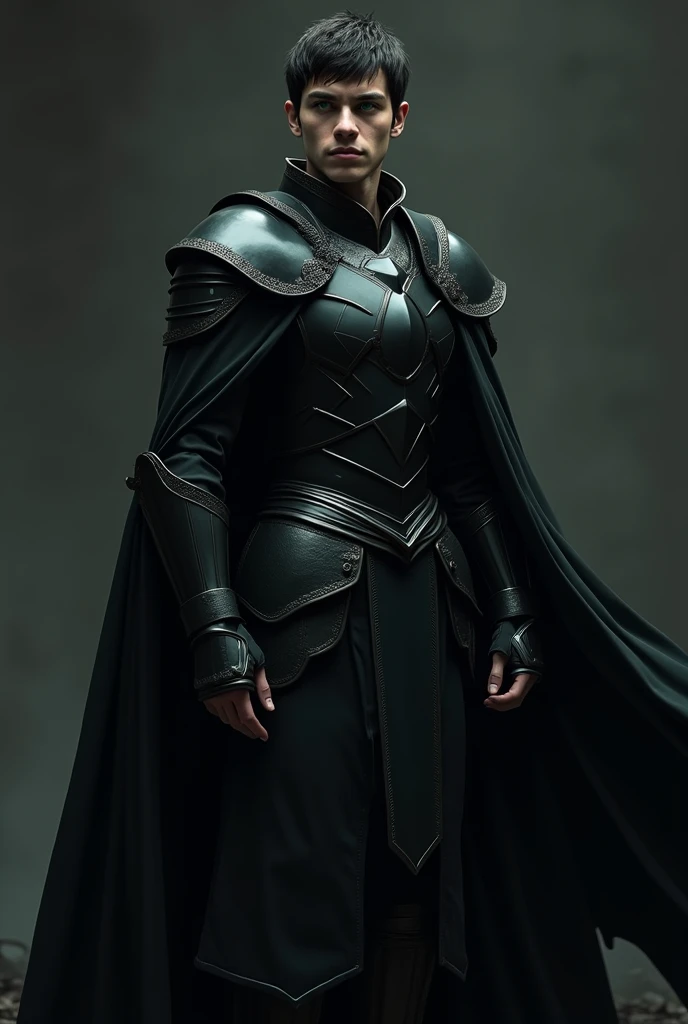 young man of twenty five years. porcelain skin, green eyes, black hair. He has dark armor, and a long black cape. Short hair. 