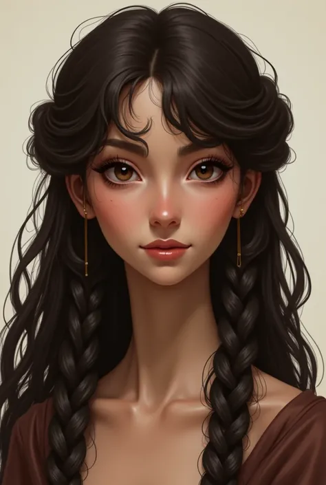 Create a drawing, an emote of me from the front up to breast height, I will give my descriptions, king , very long curly hair goes past her breasts, I want my hair braided dark brown, two braids starting from the nape of the neck , one on the right side an...