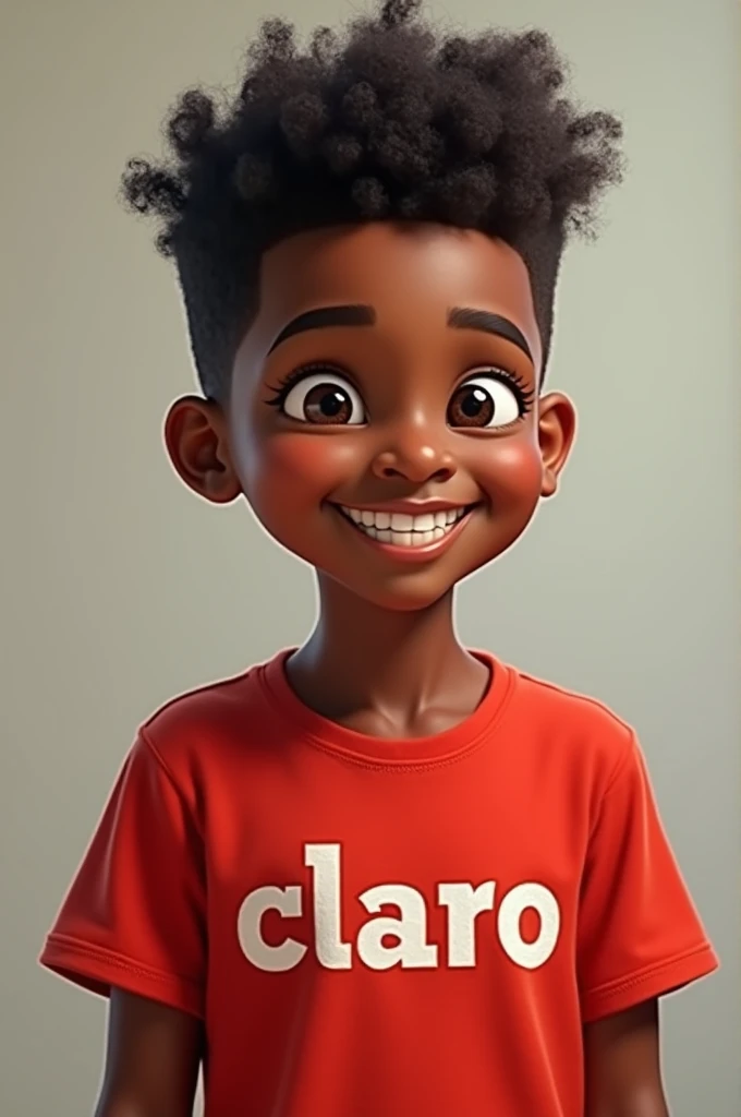 Make a dark boy with his hair up, happy and wearing a red shirt that says Claro