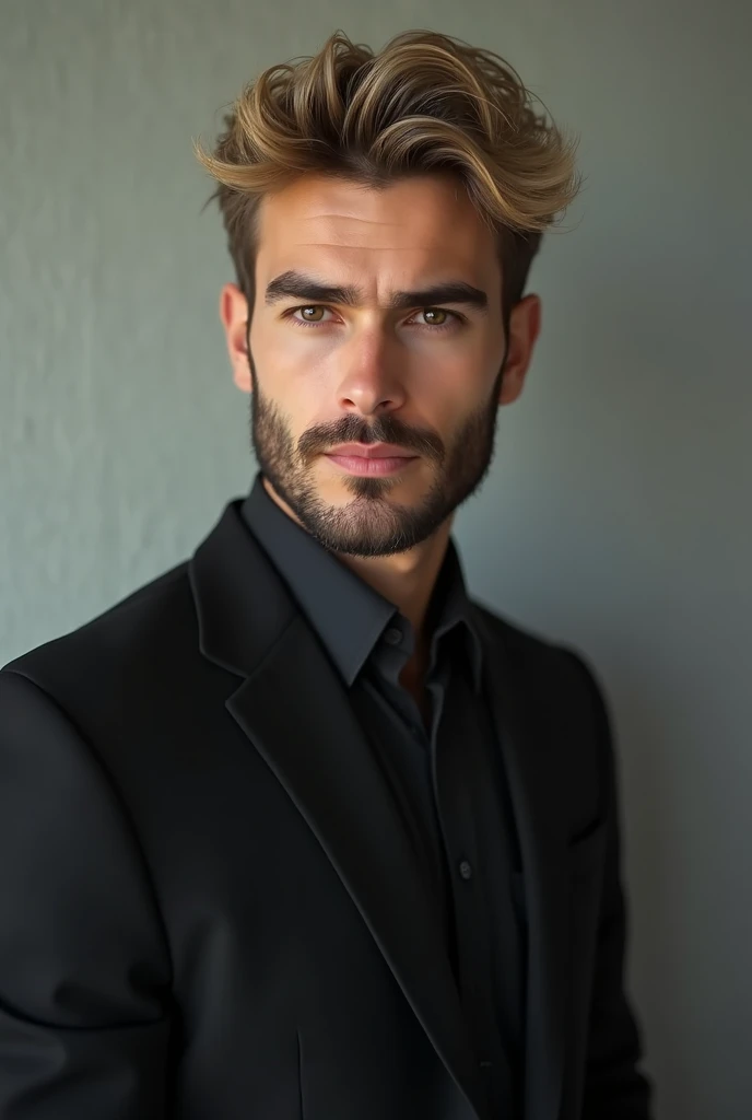 Young Caucasian man with blond hair and brown eyes, beard and marked jaw. wearing a black suit. ultra realistic, 4K 