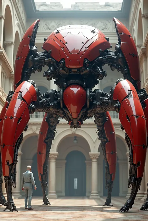 A large mechanical spider-like robot with a red and silver metallic body, detailed gears and mechanical parts, standing in a courtyard with arched windows, classical stone columns, intricate architecture, cinematic lighting, dramatic shadows, photorealisti...