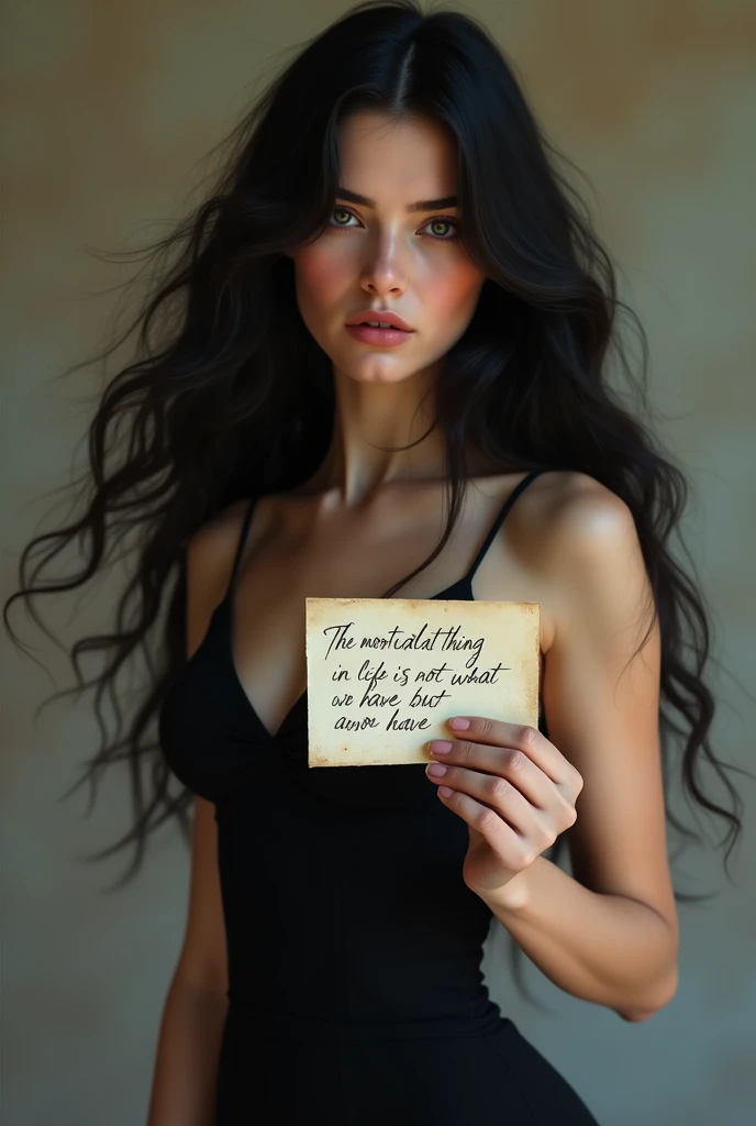 Create a realistic image of a beautiful girl with long wavy hair, black in color, sexy black dress, holding a note in Spanish that says "The most valuable thing in life is not what we have, If not, who do we have?"