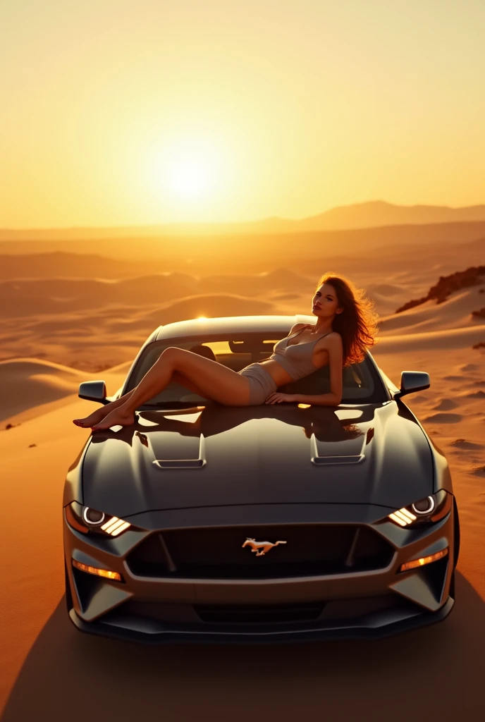 A beautiful girl lying on the hood of a Ford Mustang, set against a stunning sunset in a vast desert landscape. The cars sleek lines and shiny exterior contrast with the warm, golden hues of the sunset, casting long shadows across the sand. The girl has a ...