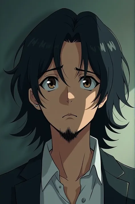 Man with long hair. Brown eyes and a sad look. Beard only on the chin. In Japanese animation. 