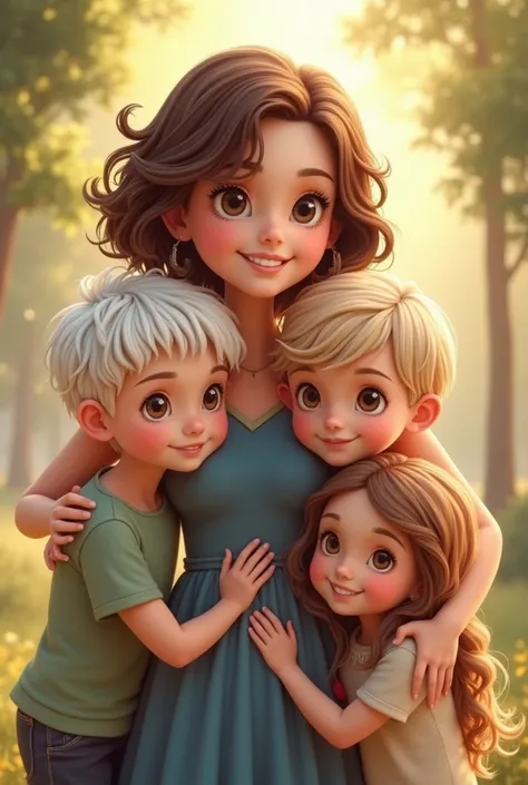 Image of mother in blue dress short curly brown hair, an  son with white hair and light brown hair, another  boy with dark skin, a  girl with long straight hair