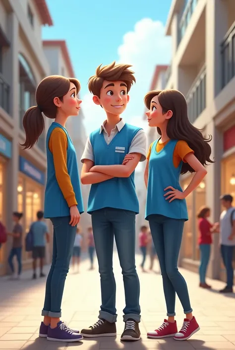 two girls and a boy, standing with blue vests. The three of them are talking and wearing blue vests in a shopping center.
 That they are real people and that the boy uses tents and the two girls are on either side of the boy.
That they are not animated. Le...