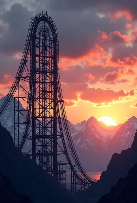 Tall rollercoaster sunset mountains blue