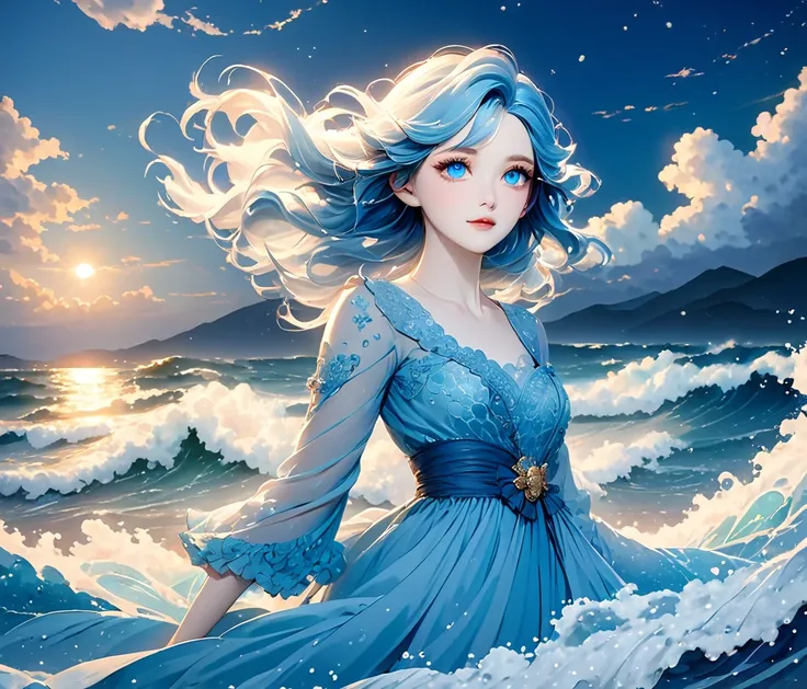 Girl goddess of water and ocean, Her eyes are blue like the ocean, her hair is blue and looks like water and resembles sea foam, She has a beautiful blue dress, the fabric of which flows like water, and pale skin.. The waves surround her, lifting her up to...