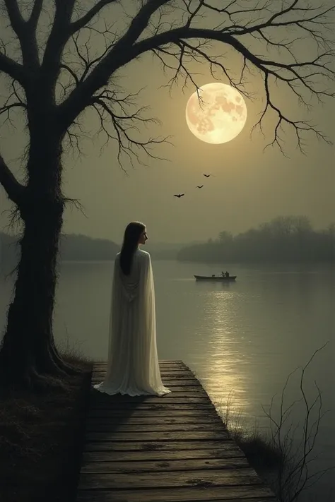 Dans cette peinture nocturne obsédante, un quai en bois sétend doucement dans les eaux tranquilles dun lac au clair de lune, la Dame Blanche etheree regardant au loin offrant un espace de réflexion introspective. La pleine lune, un phare radieux dans un ci...