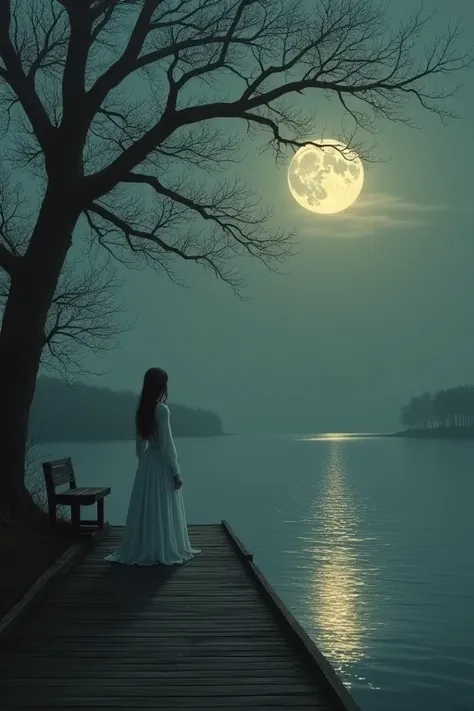 Dans cette peinture nocturne obsédante, un quai en bois sétend doucement dans les eaux tranquilles dun lac au clair de lune, la Dame Blanche etheree regardant au loin offrant un espace de réflexion introspective. La pleine lune, un phare radieux dans un ci...