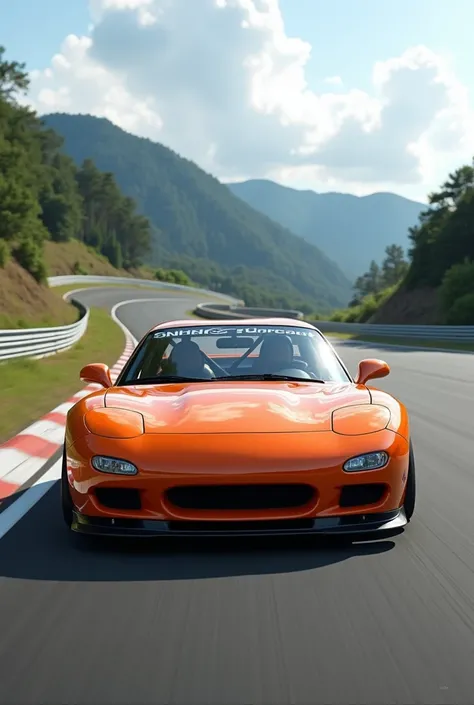 Orange mazda rx7 in suzuka circuit photorealistic picture 