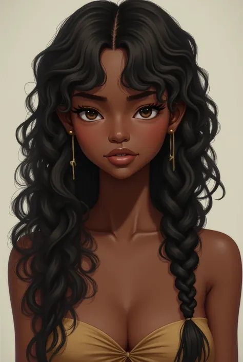 Create a drawing, an emote of me from the front up to breast height, I will give my descriptions, my dark brown color , very long curly hair goes past her breasts, I want my hair braided dark brown, two braids starting from the nape of the neck , one on th...