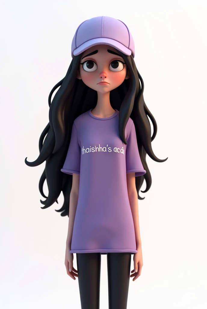 Pixar-inspired 3D poster of a woman with black hair and a light purple cap, black pants, with a purple shirt with the name Thaisinha&#39;s açaí printed on it with a sad face with her arms down on a completely white background 