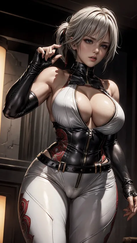 DOA Christie, a renowned character from the Dead or Alive franchise, striking a sultry pose. Shes dressed in a form-fitting white catsuit with a red pattern that snakes around her body, accentuating her toned physique. The catsuit is sleeveless, revealing ...