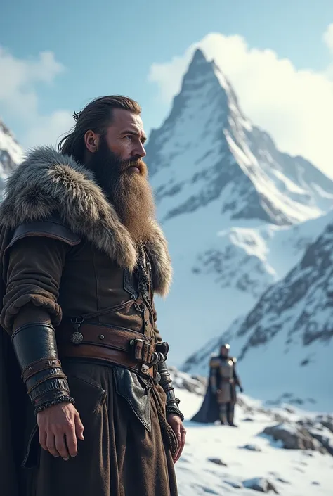 In the foreground, a bearded mountain man, reminiscent of medieval aesthetics, stands tall against the backdrop of a spectacular snowy mountain. In the distance, a lone figure in shining armor, akin to a medieval knight, adds a touch of historical allure t...