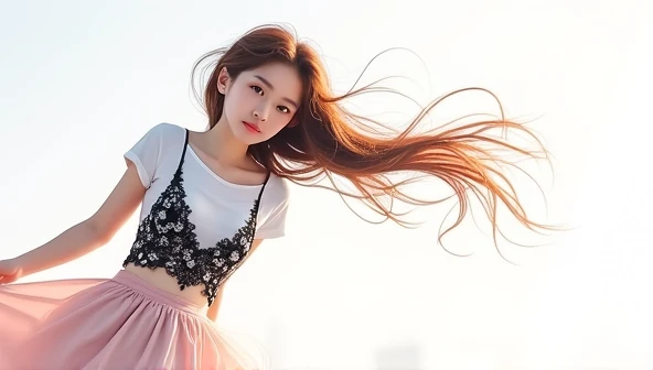 A woman wearing a white T-shirt and a black camisole with white floral prints and a light pink skirt.