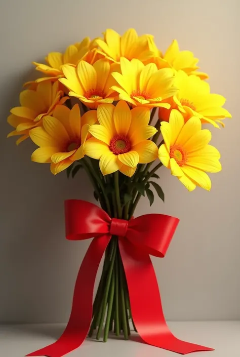 Generate a bouquet of yellow flowers with a red bow and background. negro 
