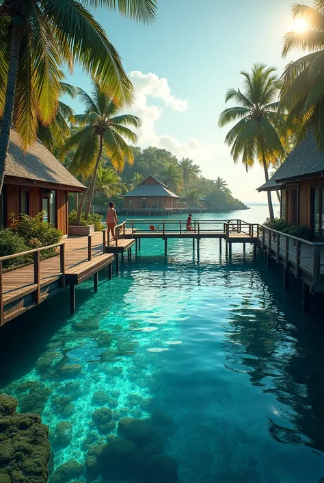 a dock in the middle of a body of water, sumatraism, wooden houses, crystal clear sea, nice deep colours, palm trees, beautiful sunny day, bioluminiscent, karolina cummings, footbridges between houses, beautiful resort, gorgeous view, photo of a beautiful,...