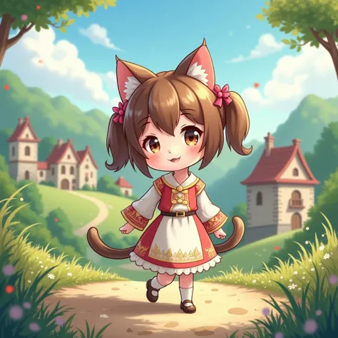 Cute catgirl with Brown hair anime medieval Estilo animado, 