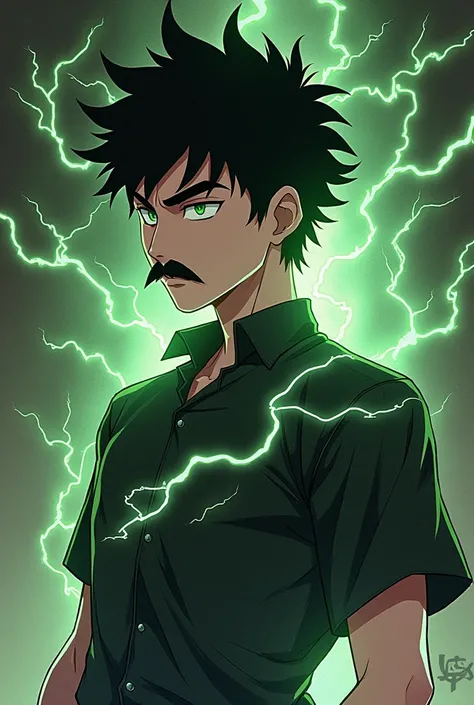 Create a young man 20 years old with black hair and pale green eyes, with a thin mustache and in the style of jujutsu kaisen and who has the domain of a demon 