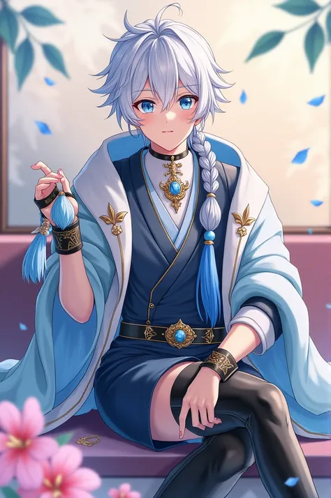 This character has a stylish and distinctive look., characterized by white and slightly bluish hair, tied in a side braid. His eyes are expressive and an intense blue.. He wears a traditional outfit that combines elements of a kimono and formal attire., pr...