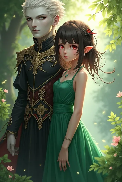 Girl with medium brown hair with black highlights and reddish eyes wearing a green dress next to Albedo from Genshin Impact 