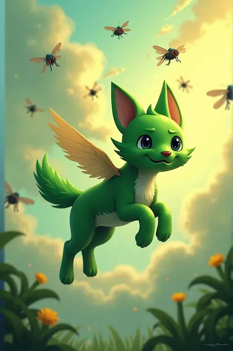 Green flying dog with 5 flies