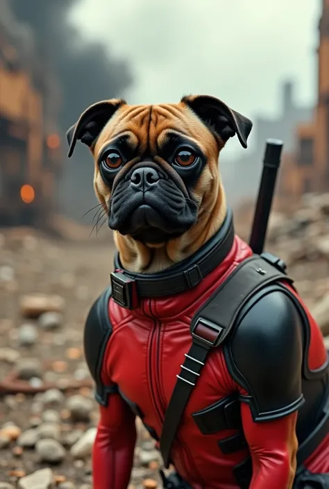 A dog, mix between a Pug and a Chinese Crested,in a deadpool suit in a post-apocalyptic wasteland, explosion in the background, close-up view of a derelict space station, highly detailed, cinematic lighting, dramatic colors, intricate mechanical details, r...