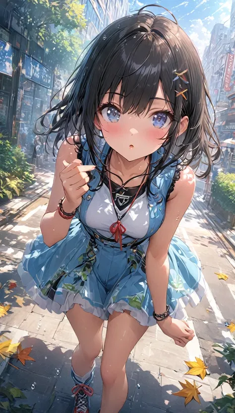 Sexy Girl in Fashionable Youth Outfit, stands in the City Center Posing Throwing an Air Kiss to the Viewer, Illuminated by a beautiful summer day, Raindrops Sparkle on Tree Leaves, Leaves fall to the ground, masterpiece, soft shadows, Maximum Quality, core...