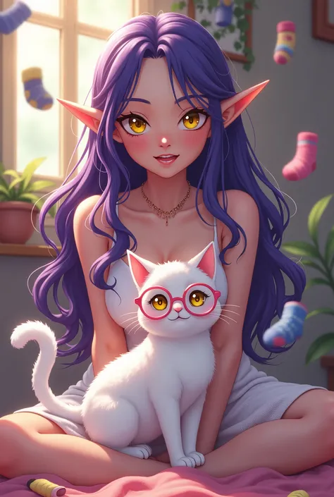 Anime-style masterpiece, enchanting woman with luminous yellow eyes, cascading purple hair flowing elegantly, rich dark skin glowing under soft light, gracefully pointed elf ears accentuating her ethereal beauty, beside her, a whimsical white cat sporting ...