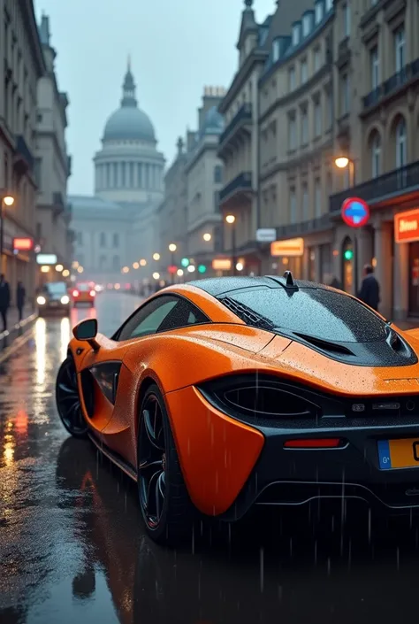 Orange McLaren sports in London in rain