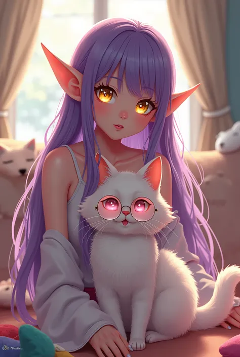 Anime-style masterpiece, enchanting woman with luminous yellow eyes, cascading purple hair flowing elegantly, rich dark skin glowing under soft light, gracefully pointed elf ears accentuating her ethereal beauty, beside her, a whimsical white cat sporting ...