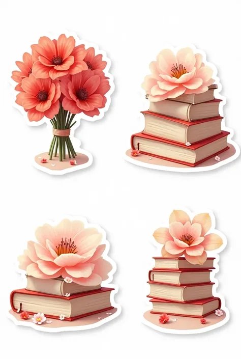 quatro adesivos de um desenho beautiful de um buquê de flores em vermelho vivo e rosa claro, fofo, beautiful, Delicate, details, high quality, full hd, white bouquet with green leaves, adesivo de 4 livros empilhados um em cima do outro fofo e Delicate