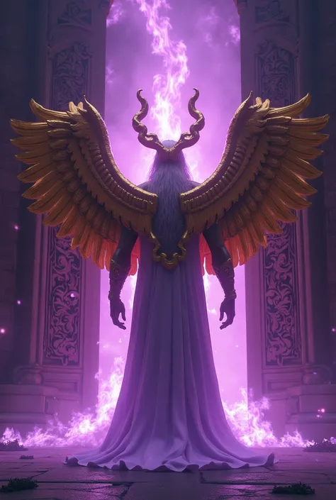 Believe me, the demigod of purple fire is called Odin, he is the guardian of the doors, his appearance is human, he has two golden wings