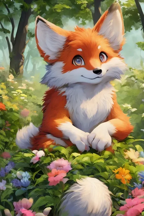 a young fox child, anatomie obese detailed facial features, beautiful red fur, bright eyes, mischievous expression, sitting in a field of flowers, sunlight streaming through the trees, vibrant colors, intricate details, cinematic lighting, digital painting...