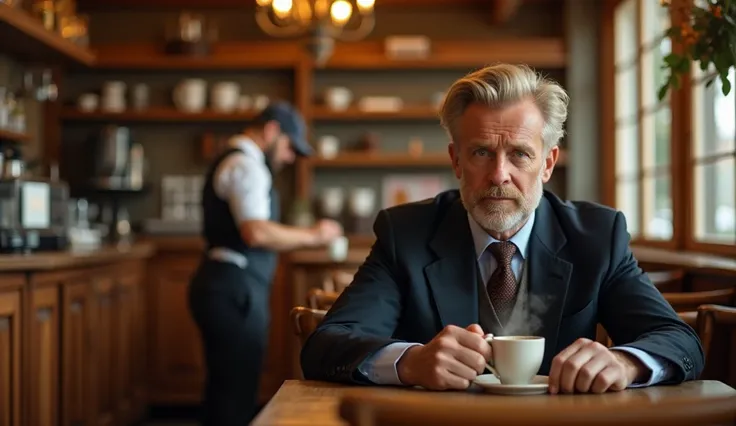 Ultra HD photos, Inside a retro wooden cafe, A blonde white man in his 50s drinking coffee, A dandy cafe attendant brewing coffee is photographed out of focus, 