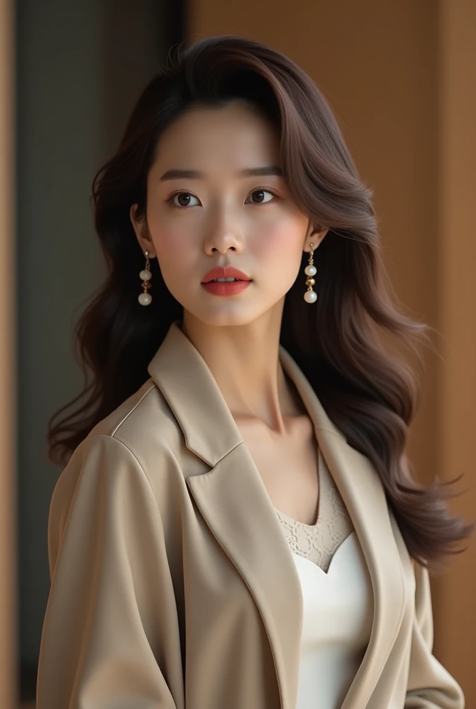 A Korean girl. A timeless, sophisticated aura with her dark brown hair styled in soft waves that frame her face elegantly. Her refined fashion sense leans toward classic yet modern chic, often featuring tailored outfits in neutral colors with bold accessor...