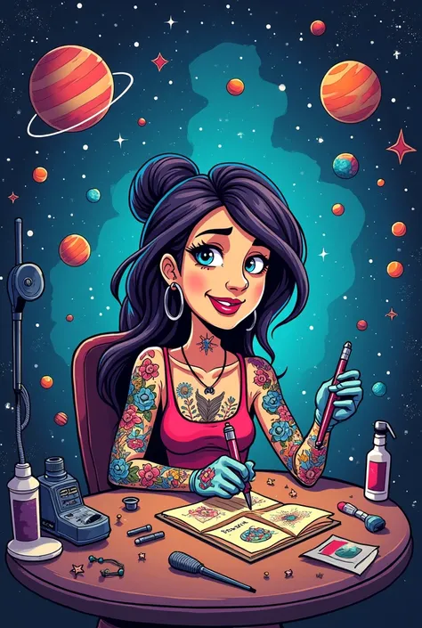 A cartoon tattoo artist in a galaxy