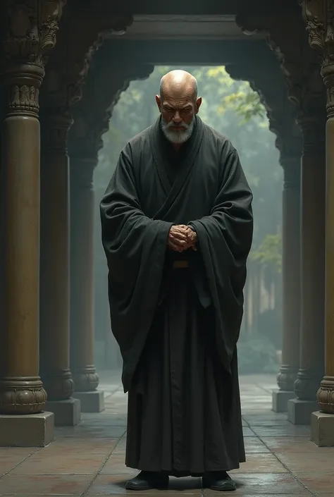 a monk with disappointed face.temple background.monk is fully covered 