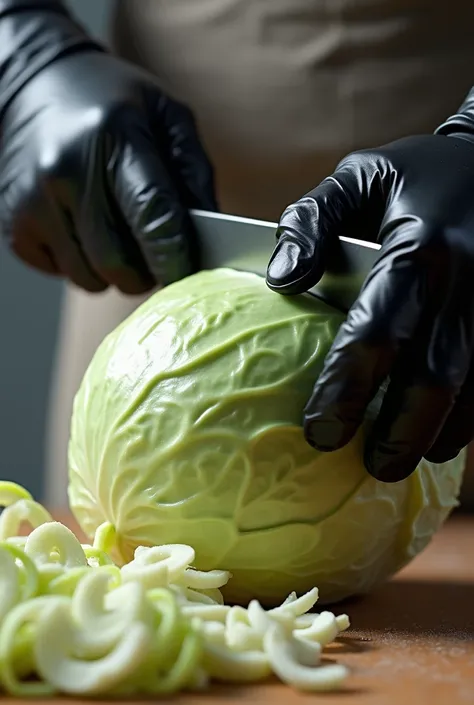 Hands in black latex gloves chop cabbage