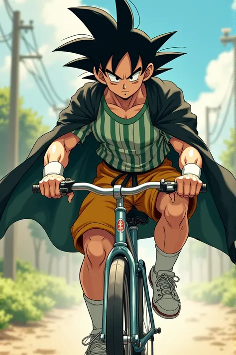 Make a goku on a bicycle with a green and white shirt and white tennis shoes, with a black robe