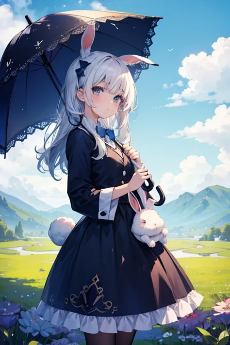 girl, whole body ,Landscape, Holding an umbrella, A blue sky is painted on the inside of the umbrella.,Holding a rabbit in his right hand, The rabbit and the woman&#39;s noses are touching,Place it on a collage-like background of various illustrations and ...