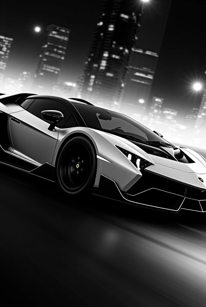 Create a black and white wallpaper of a Lamborghini Sesto Elemento with a side and front view in motion, with a blurred night city behind. The style should be dynamic and exciting, Capturing the speed and elegance of the car. Make sure the image has a reso...