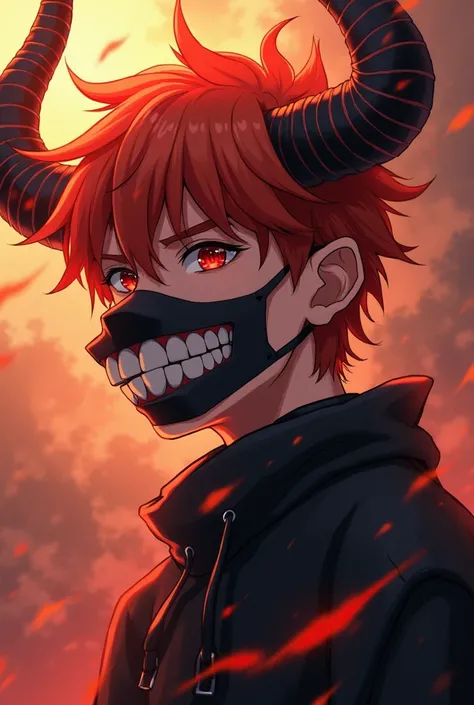 Create a young handsome human demon with a beast smile mask on the right half of the face, orange red hair and black clothes, with the dominance of a demon sorcerer jujutsu kaisen in the style of the anime jujutsu kaisen without horns and in anime form