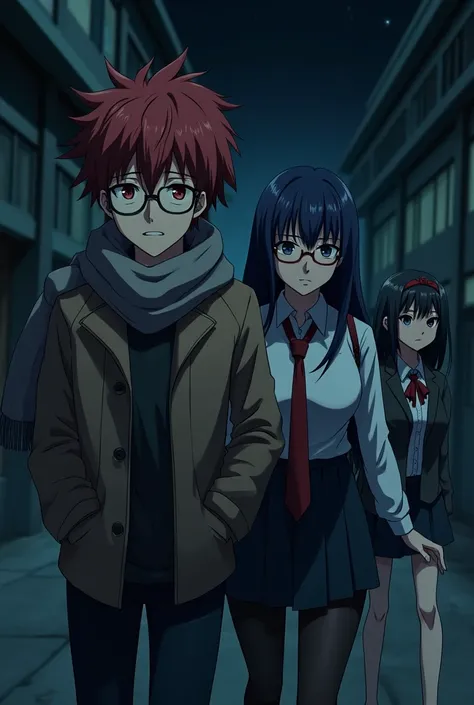 

"In a scene set at night, a young anime style man, with messy red hair, glasses and red eyes, He looks worried as he arrives at an abandoned high school. She wears a scarf and walks alongside an adult teacher with long, medium-blue hair., violet eyes and...