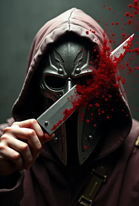 Knife going through MF DOOMs mask with blood surrounding it