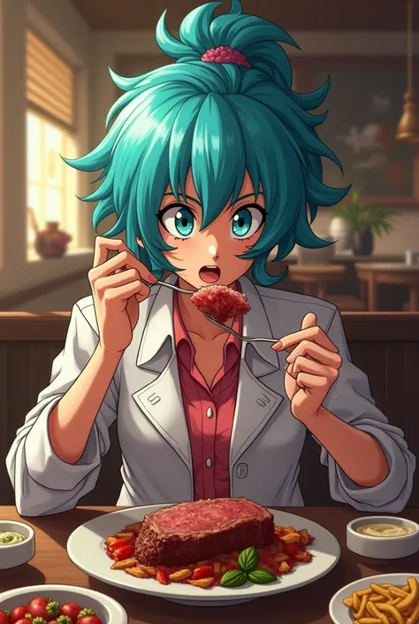 Bulma from dragon ball eating meat