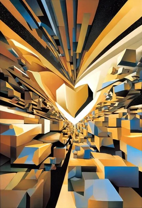 "Visualize a cubist interpretation of a heart, Floating through the sky above a lively and dynamic street. Break the shape down into geometric shapes and fragmented planes, To capture its movement and energy in a unique and abstract way. Integrate golden c...