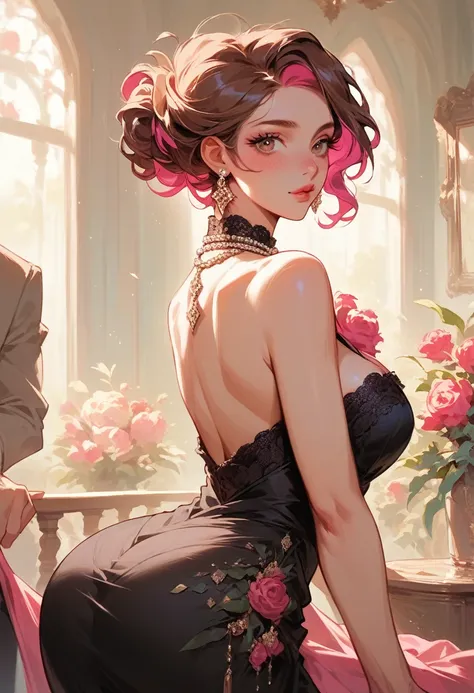 A housewife with brown hair and pink highlights, with great body, big butt, perfect body, dressed in a very elegant black lace dress, diamond necklace on the neck, with diamond earrings, in a very elegant ballroom
